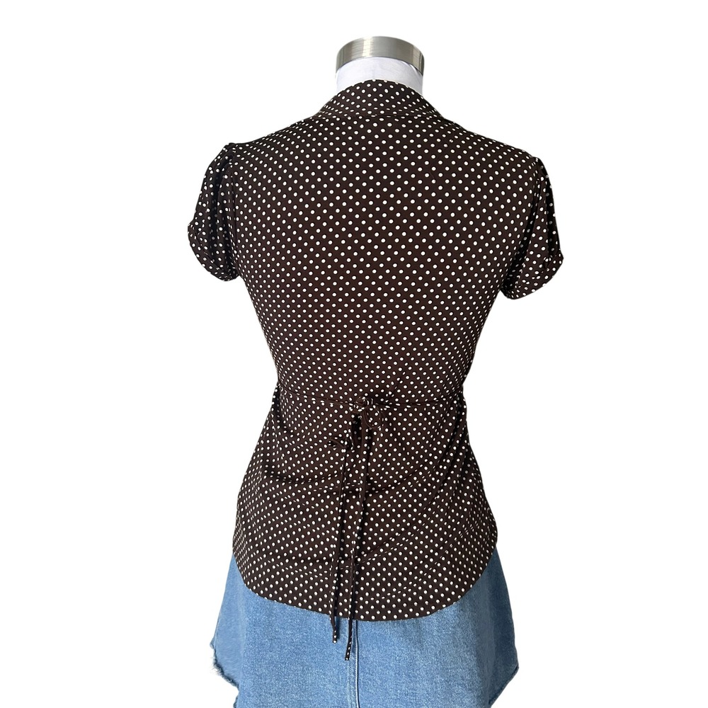 Vintage Y2K Heart Soul Polka Dot Top Medium Brown Ruffle V-Neck Cinched Tie Back - Picture 3 of 5
